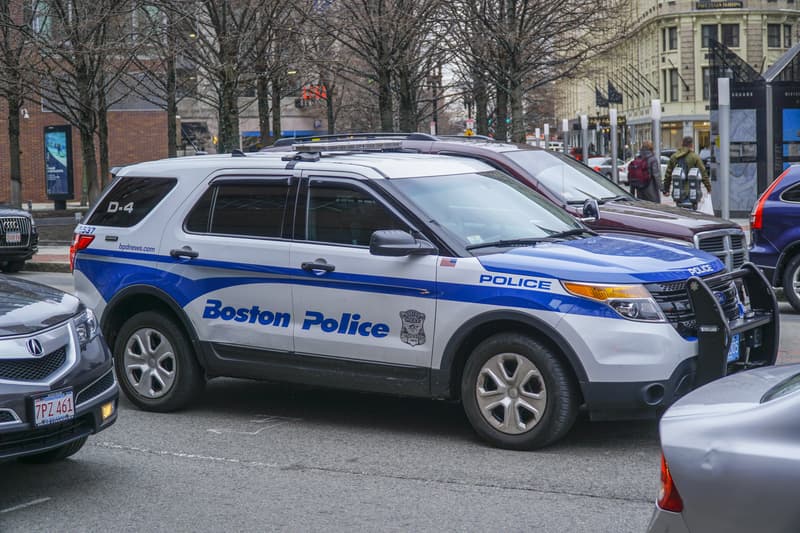 Boston Police car in the city - BOSTON , MASSACHUSETTS - APRIL 3, 2017