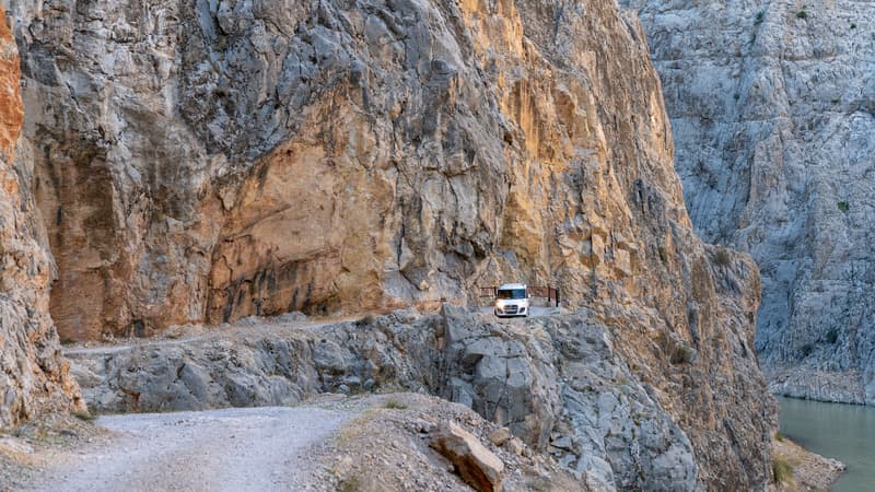 A car driving through stone road in Kemaliye Egin town of Erzincan, Turkey