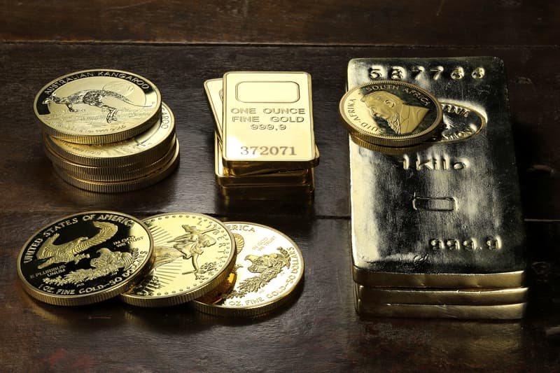 Gold ingots an various bullion coins