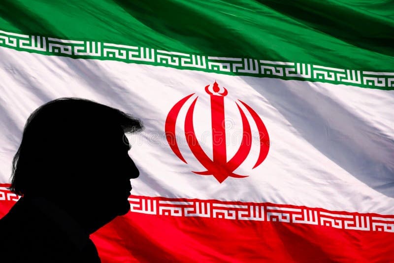 Silhouette profile of former U.S. President Donald Trump positioned on the left against a full-frame, waving Iranian flag