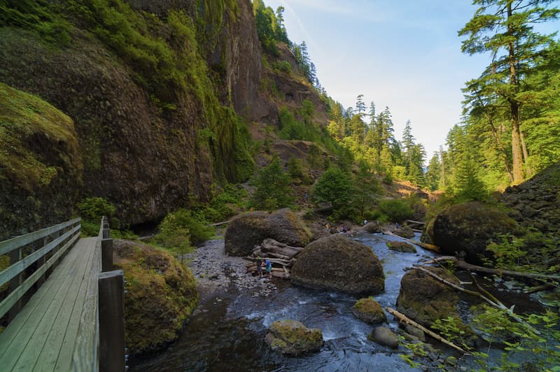 People along Tanner Creek in the Columbia River Gorge